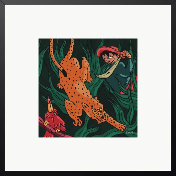 Tableau encadré noir : un léopard bondit hors des hautes herbes de la jungle, face à un chasseur au chapeau rouge et un oiseau rouge