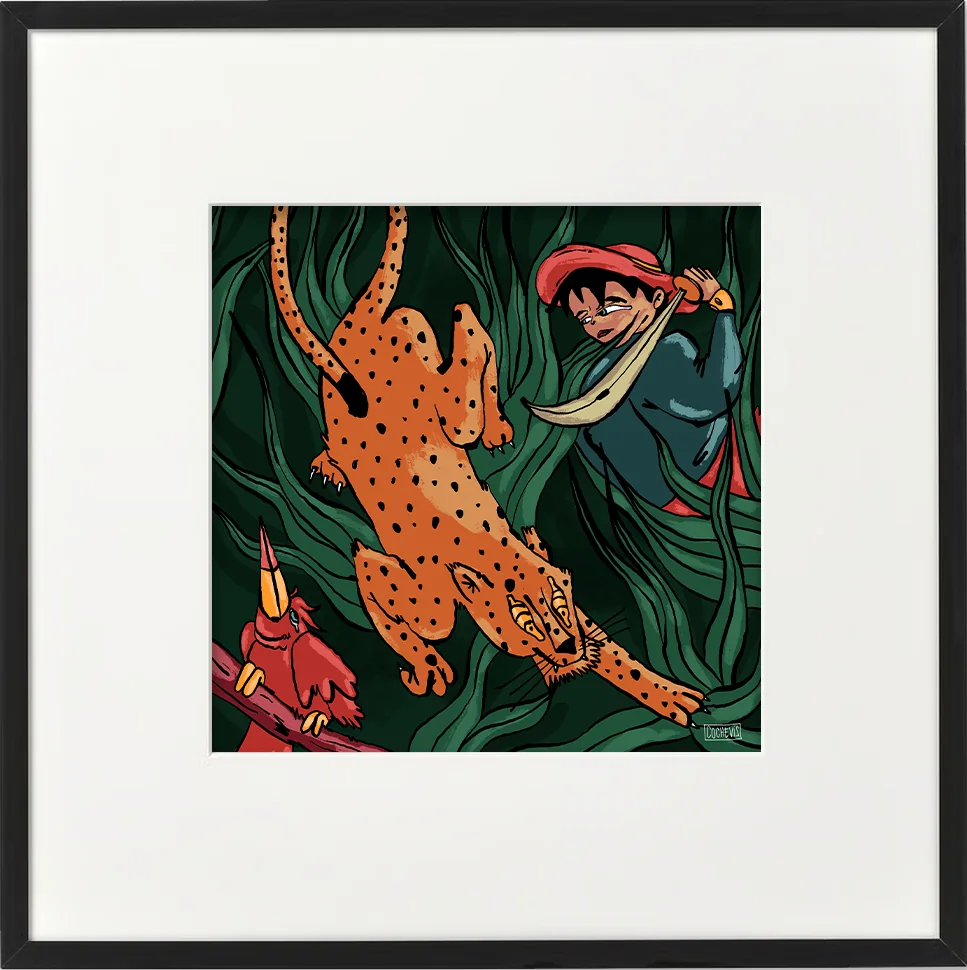 Tableau encadré noir : un léopard descend dans les hautes herbes de la jungle, face à un oiseau rouge et un personnage à casquette rouge — illustration de L'atelier Cochevis