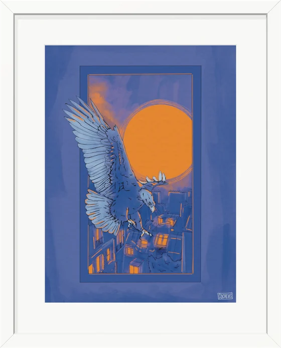 Tableau encadré blanc : un aigle bleu aux ailes déployées plonge vers les toits de Paris, devant un soleil orange