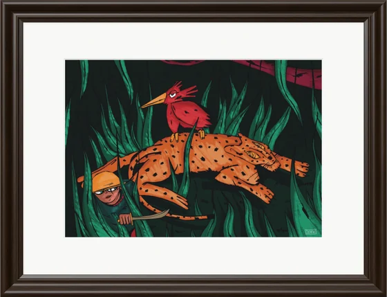 Tableau encadré bois foncé : un léopard allongé dans les hautes herbes, un oiseau rouge perché sur son dos, un chasseur caché tenant un couteau