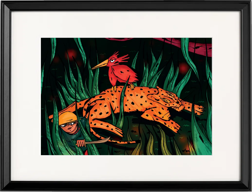 Tableau encadré noir : un léopard allongé dans les hautes herbes, un oiseau rouge perché sur son dos, un homme caché tenant une machette — illustration de L'atelier Cochevis