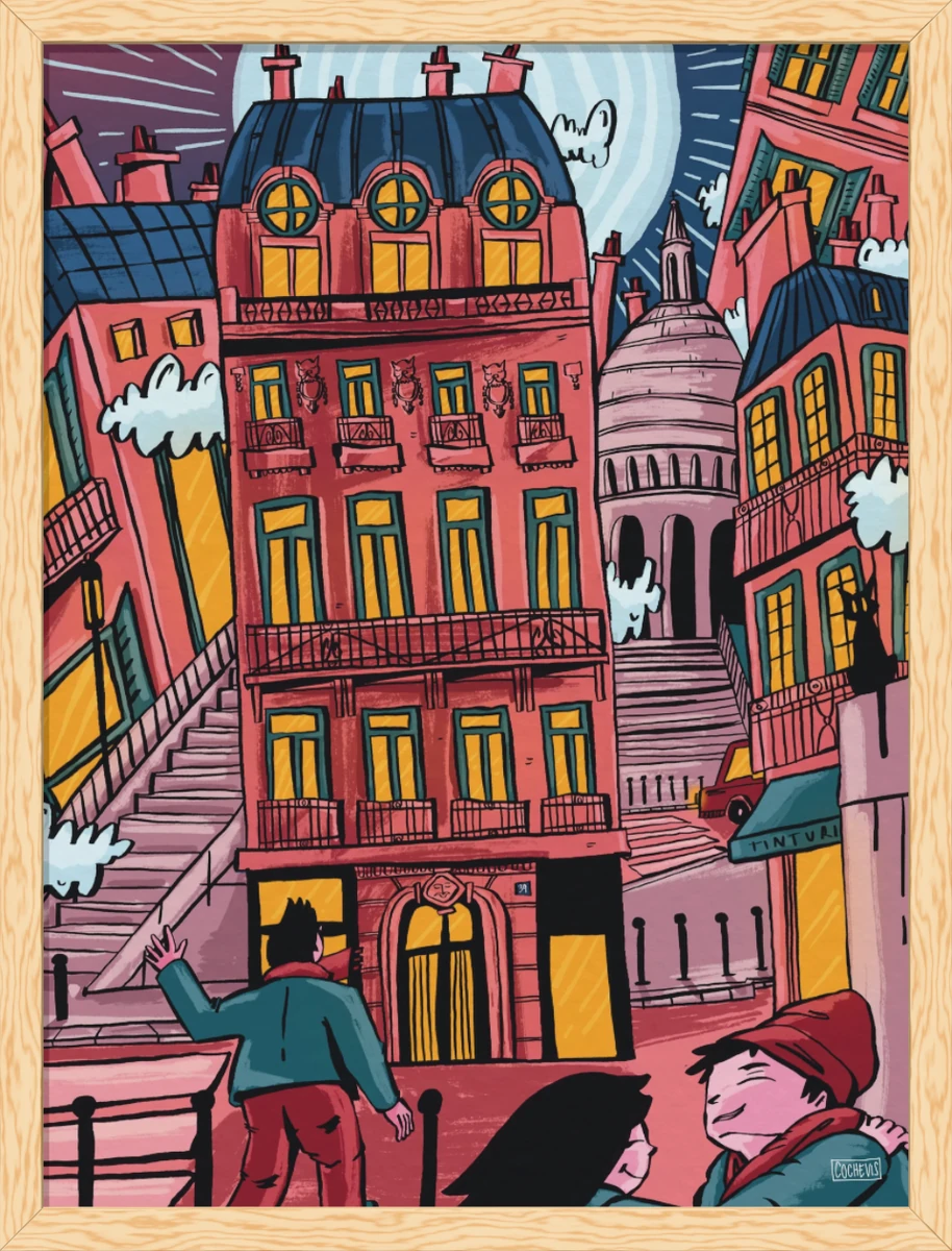 Tableau encadré en pin naturel : une rue de Montmartre, immeubles aux fenêtres éclairées, escaliers et dôme du Sacré-Cœur sous la lune, des passants au premier plan