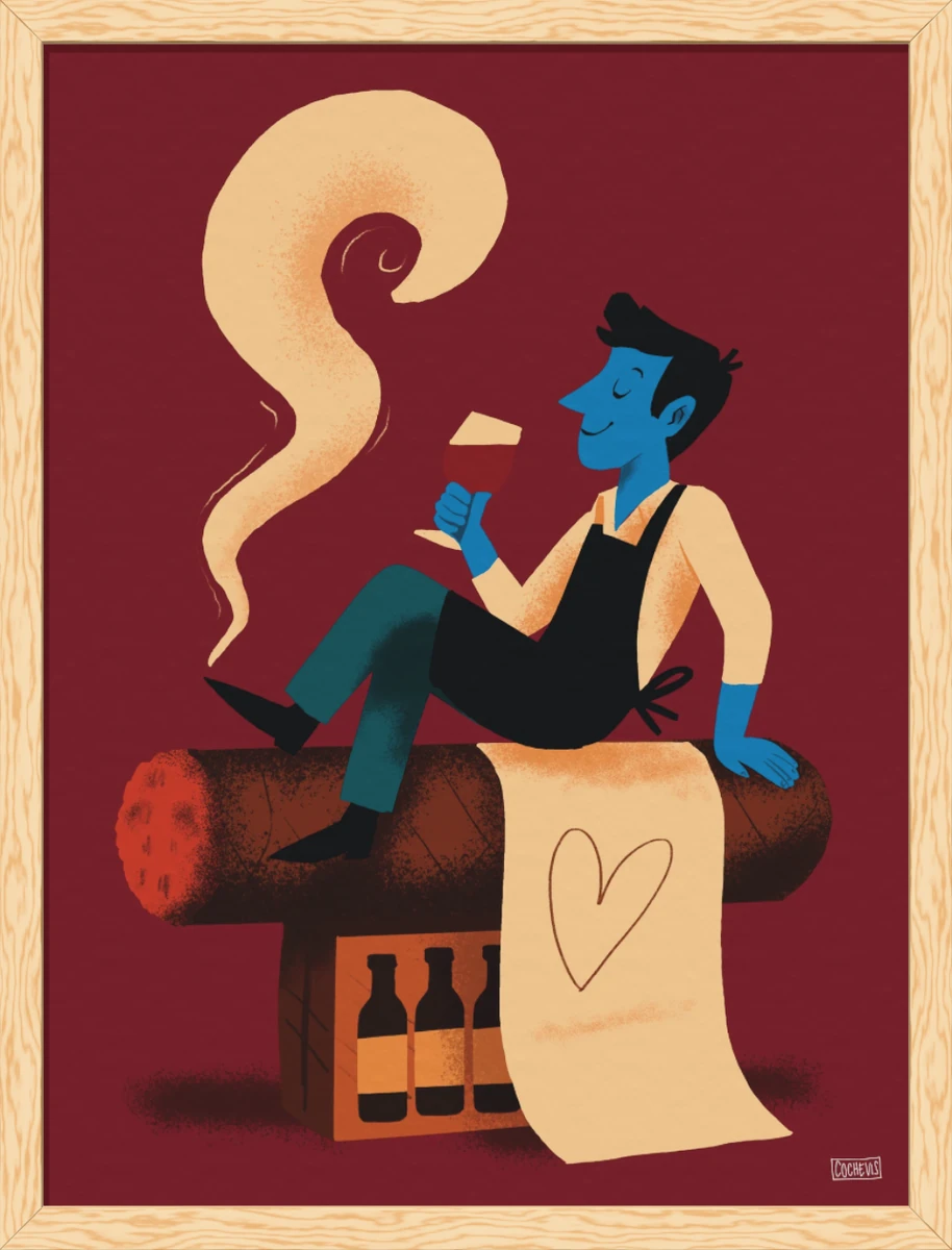Tableau encadré en pin naturel : sur fond rouge bordeaux, un sommelier au visage bleu, verre de vin rouge à la main, assis sur un cigare géant posé sur une caisse de bouteilles