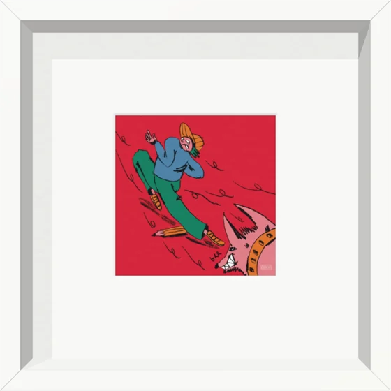 Petit tableau encadré blanc : sur fond rouge, un promeneur au bonnet orange s'enfuit devant un chien rose qui montre les dents