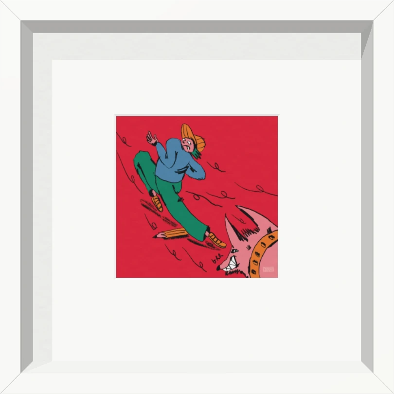 Petit tableau encadré blanc : sur fond rouge, un promeneur au bonnet orange s'enfuit devant un chien rose qui montre les dents